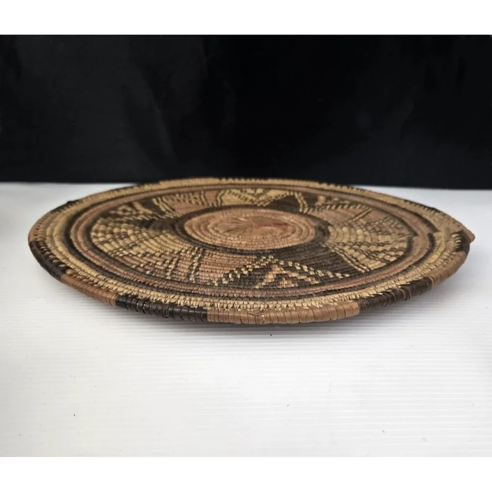 African Hand Woven Coiled Flat Basket Tray Geometric Vintage 12.5